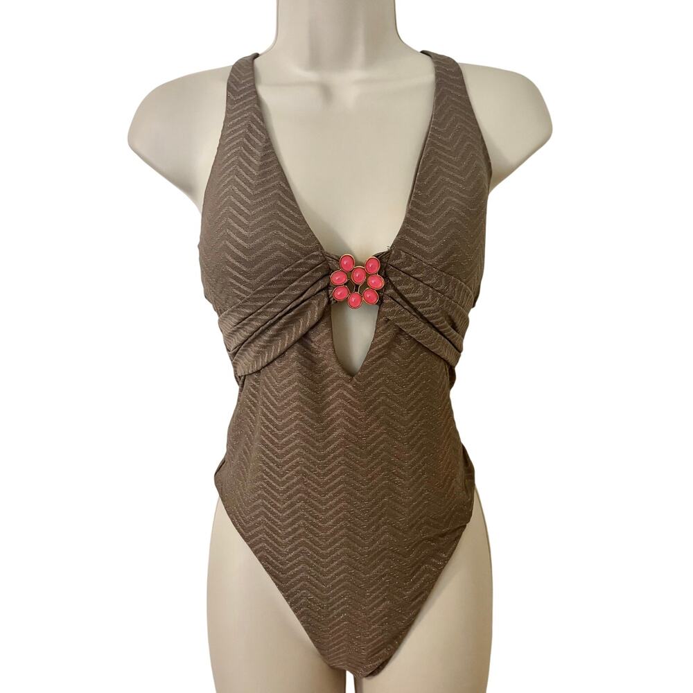 Trina Turk Monaco Metallic Chevron Striped Jeweled Swimsuit One Piece Resort S